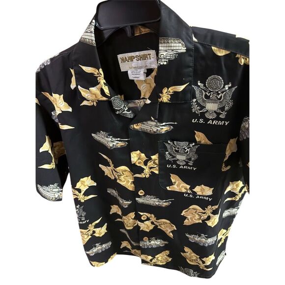 Kamp Men's Vintage Hawaiian Shirt L Black Gold US Army Tank Print - Picture 5 of 7
